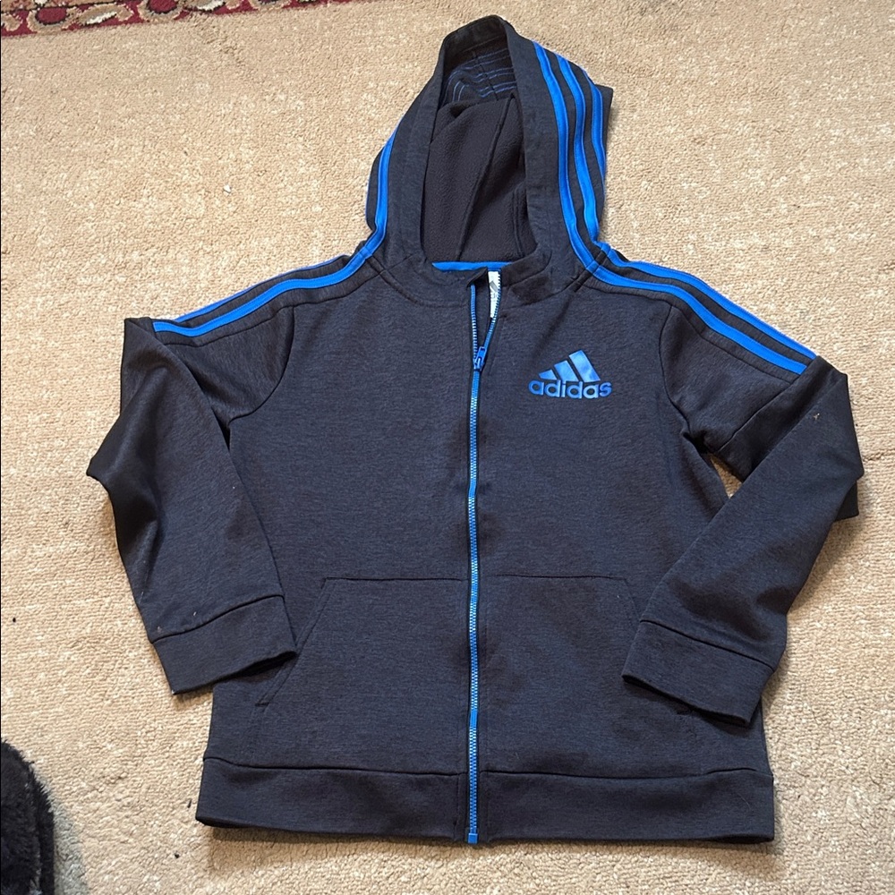 Adidas Kids Hoodie in Black with Blue Stripes
